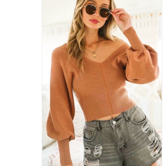 V-Neck Balloon Sleeve Rib Sweater - Picture 1 of 11